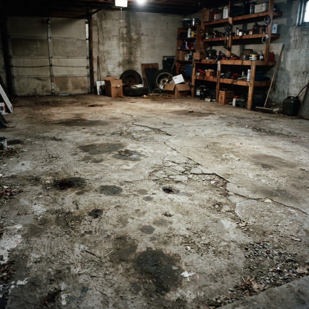Bare concrete garage slab being assessed before a resin floor