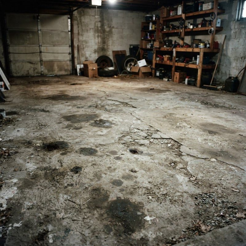 Cracked, oil-stained bare concrete garage slab before coating